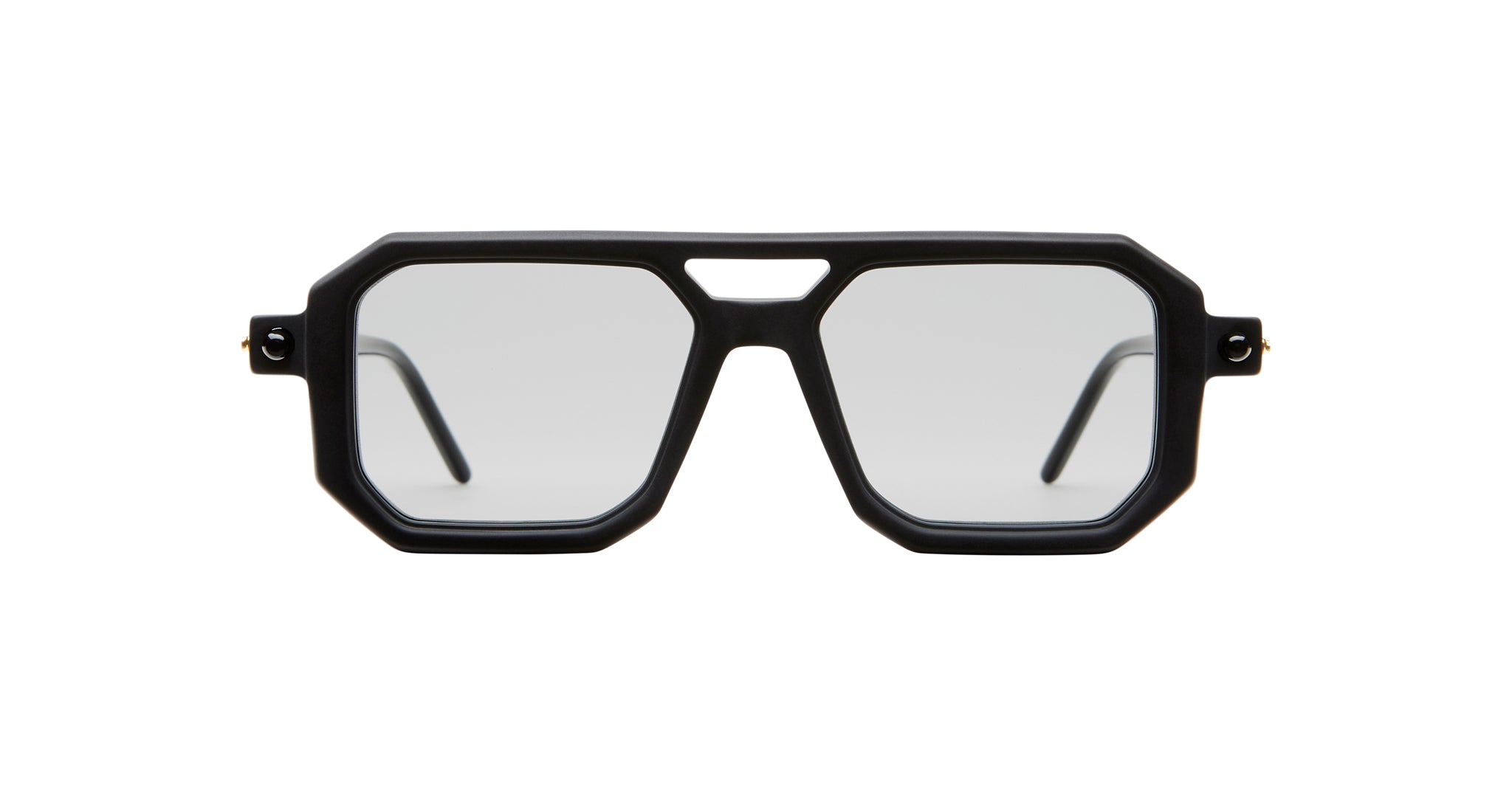 KUBORAUM P8 eyeglasses with bold black geometric frames and lightly tinted lenses, front view.