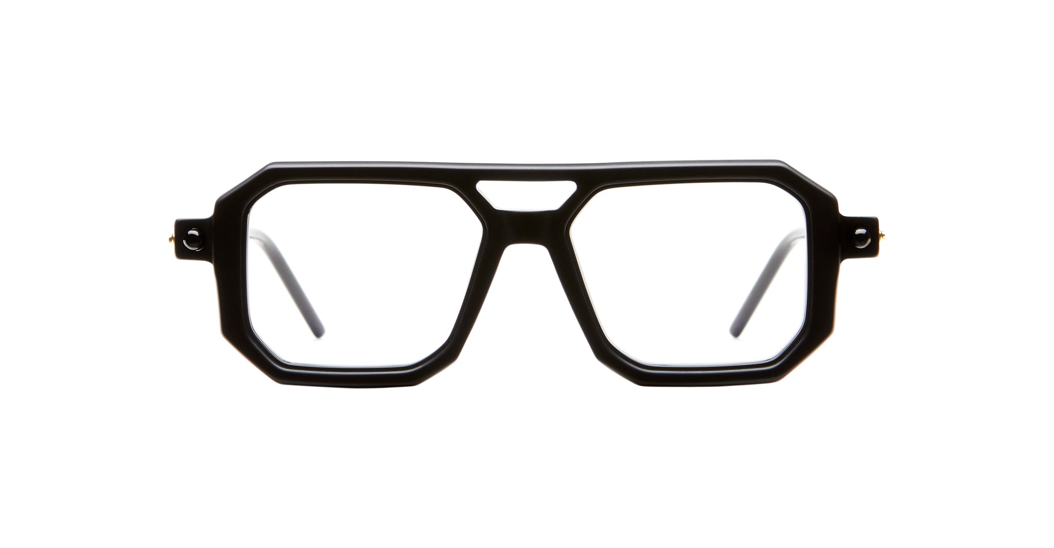 KUBORAUM Kuboraum P8 eyeglasses with black geometric frames and clear lenses, front angle view.