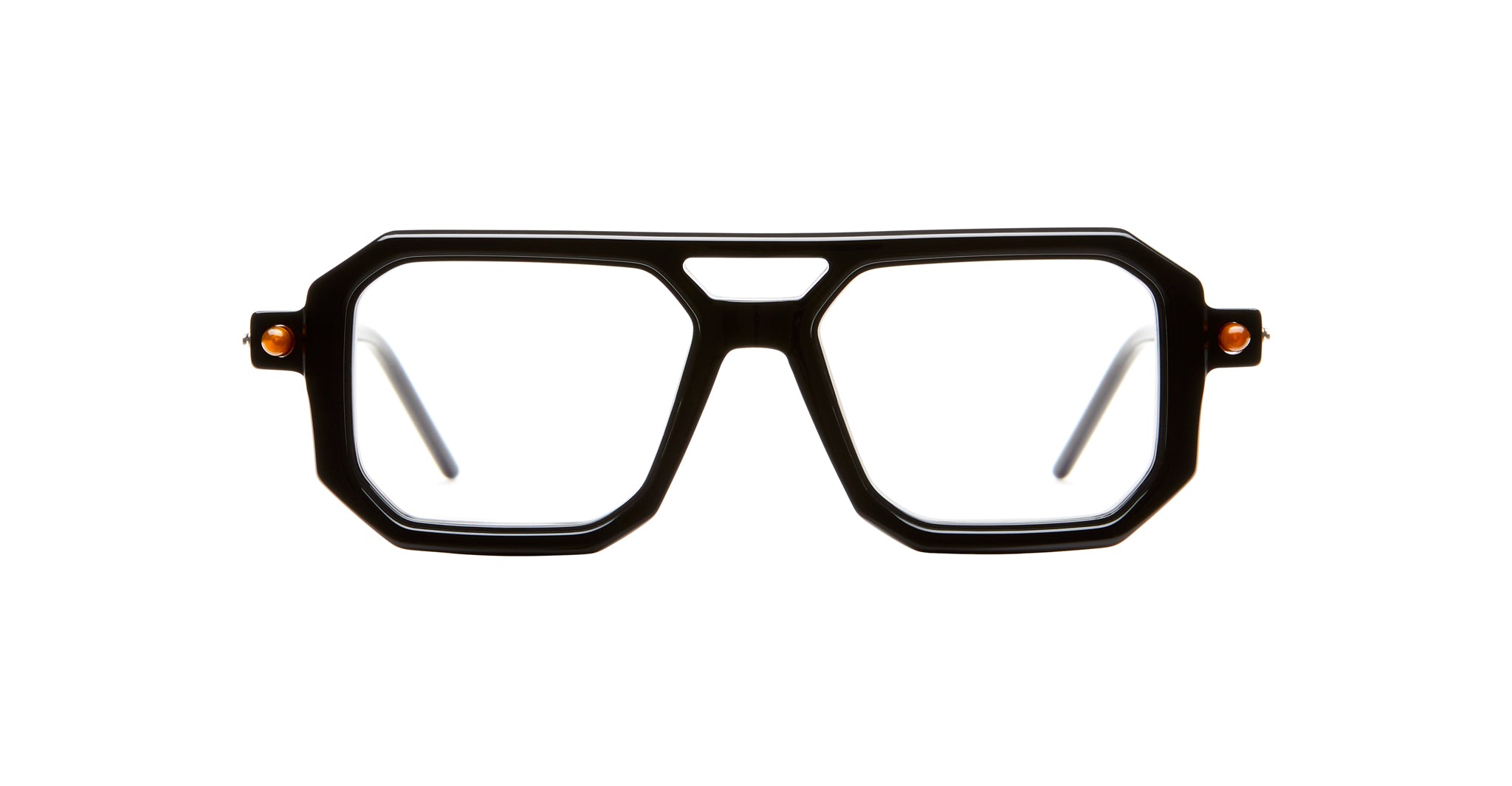 KUBORAUM P8 black geometric eyeglass frames with clear lenses, front view, designer eyeglasses by Kuboraum.