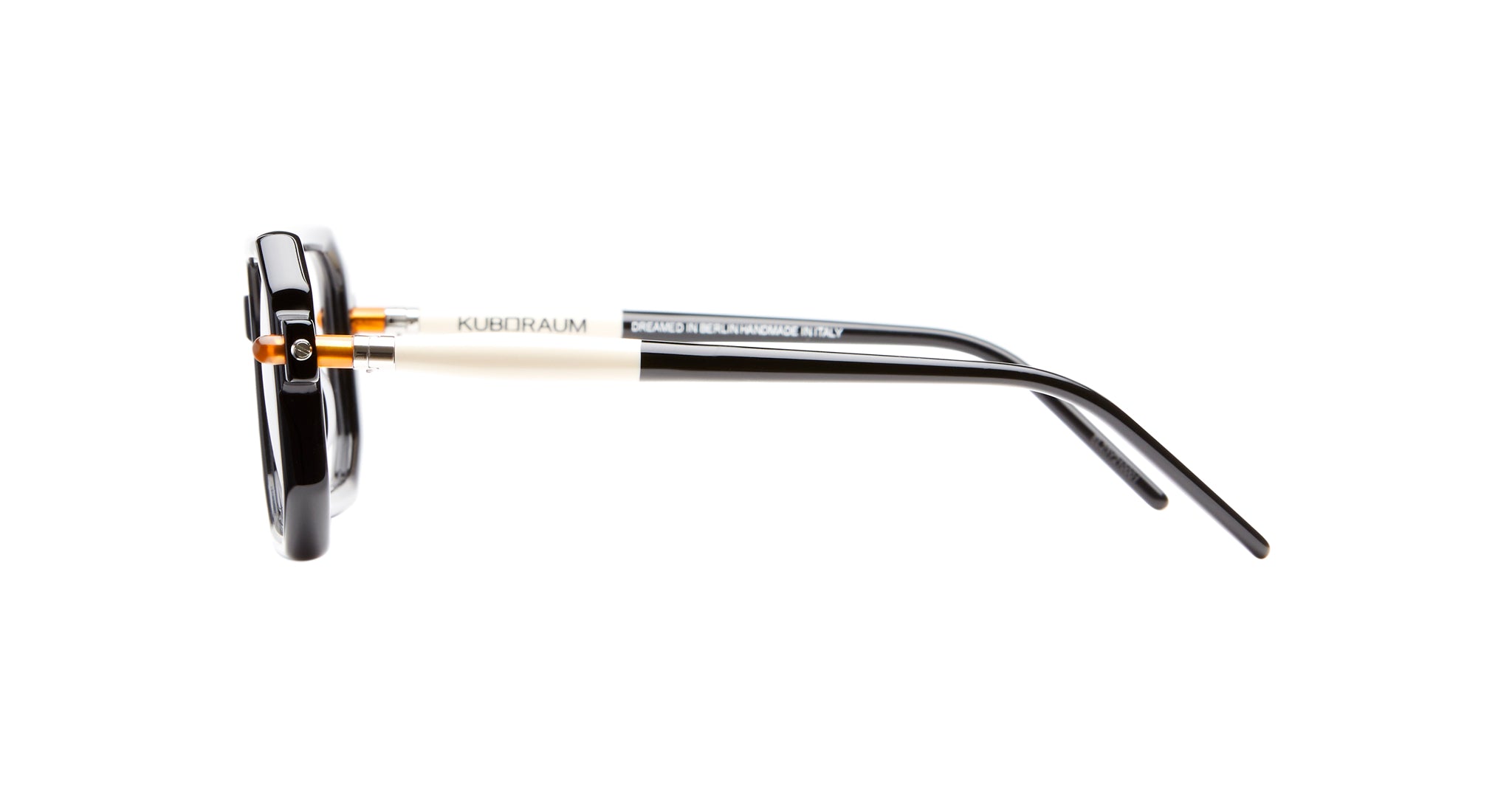 Kuboraum P8 black eyeglasses, side view, featuring silver temples and KUBORAUM logo on the arms.