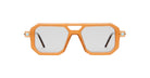 Kuboraum P8 sunglasses by KUBORAUM, shown from the front, featuring orange geometric frames and silver-tinted lenses.
