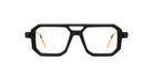 Kuboraum P8 eyeglasses with black geometric frames, clear lenses, and tortoiseshell arms shown from a front angle.