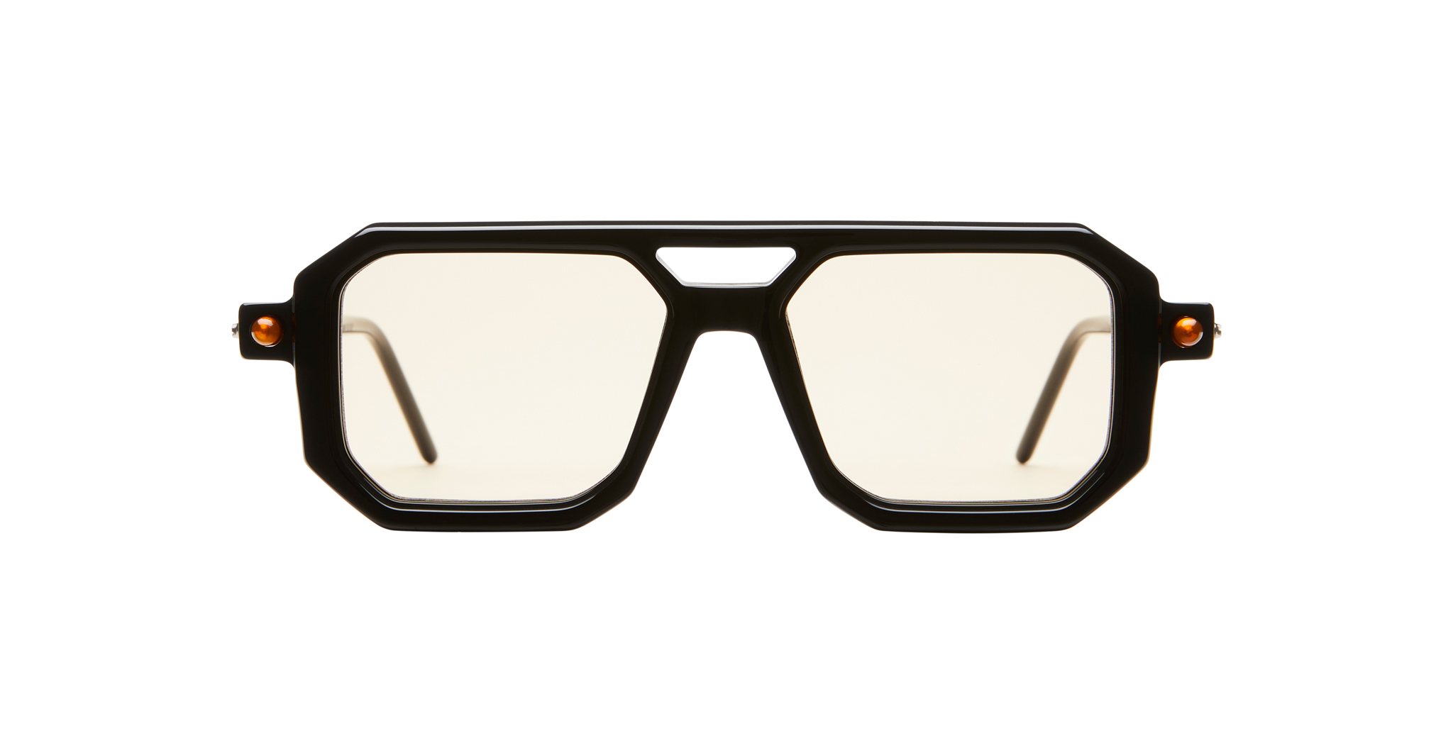 Kuboraum P8 black geometric blue light eyeglasses with lightly tinted lenses, front view.
