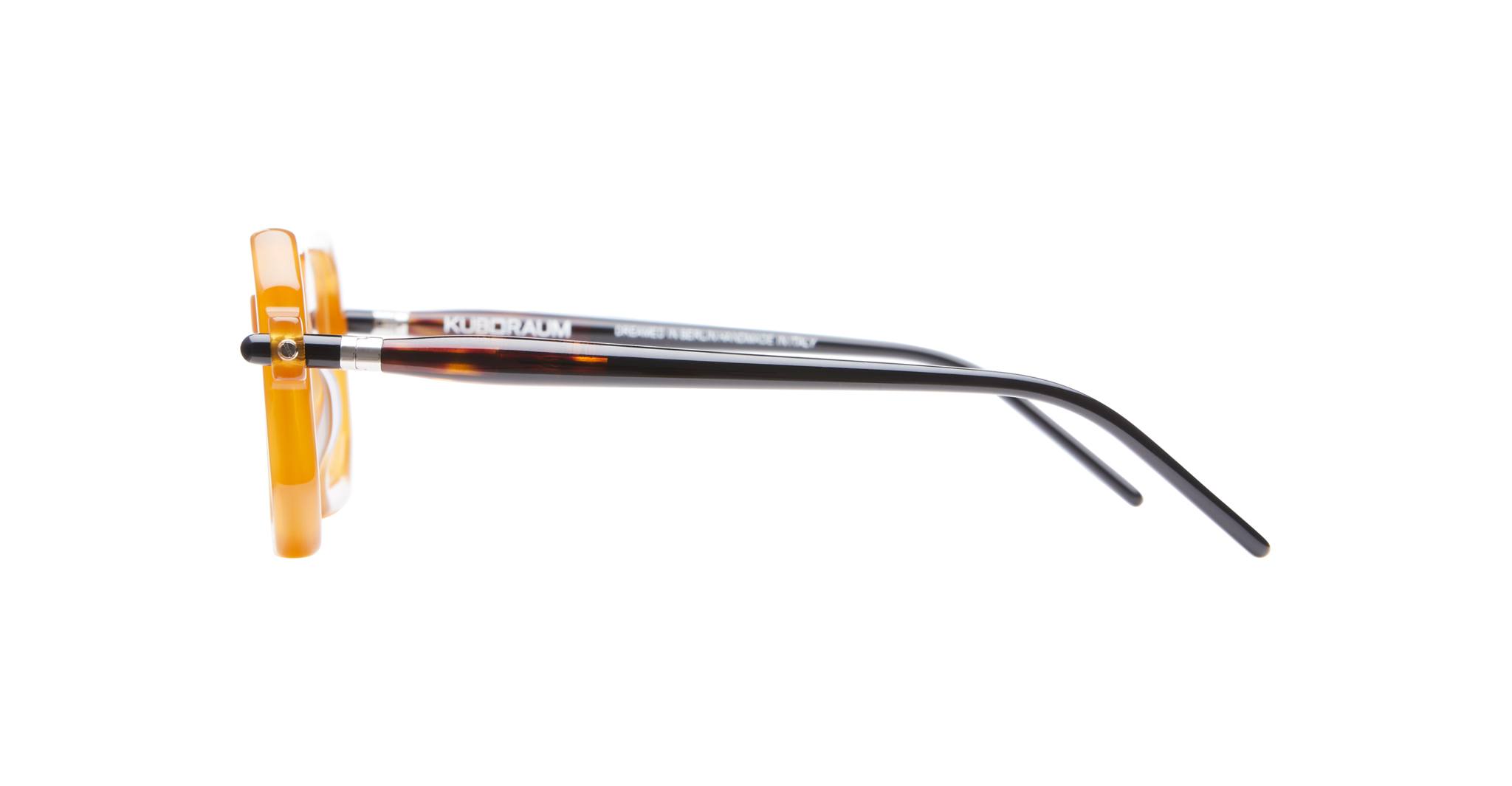Side view of Kuboraum P8 orange and black translucent eyeglasses with straight arms, designer eyeglasses by KUBORAUM.