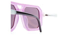 Close-up of KUBORAUM P8 sunglasses, featuring pink square frames, purple lenses, and black and white arms.