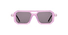 Kuboraum P8 sunglasses by KUBORAUM, shown from the front, feature pink geometric frames, UV dark lenses, and black arms.