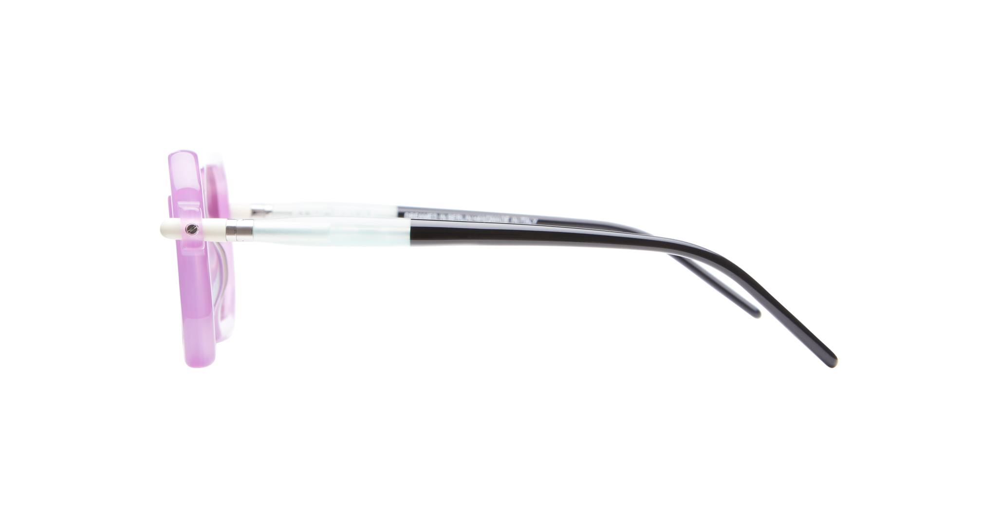 Side view of KUBORAUM Kuboraum P8 eyeglasses featuring purple frames and black temples.