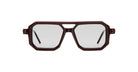 Front view of KUBORAUM P8 sunglasses, featuring a geometric dark red frame and gray tinted lenses.