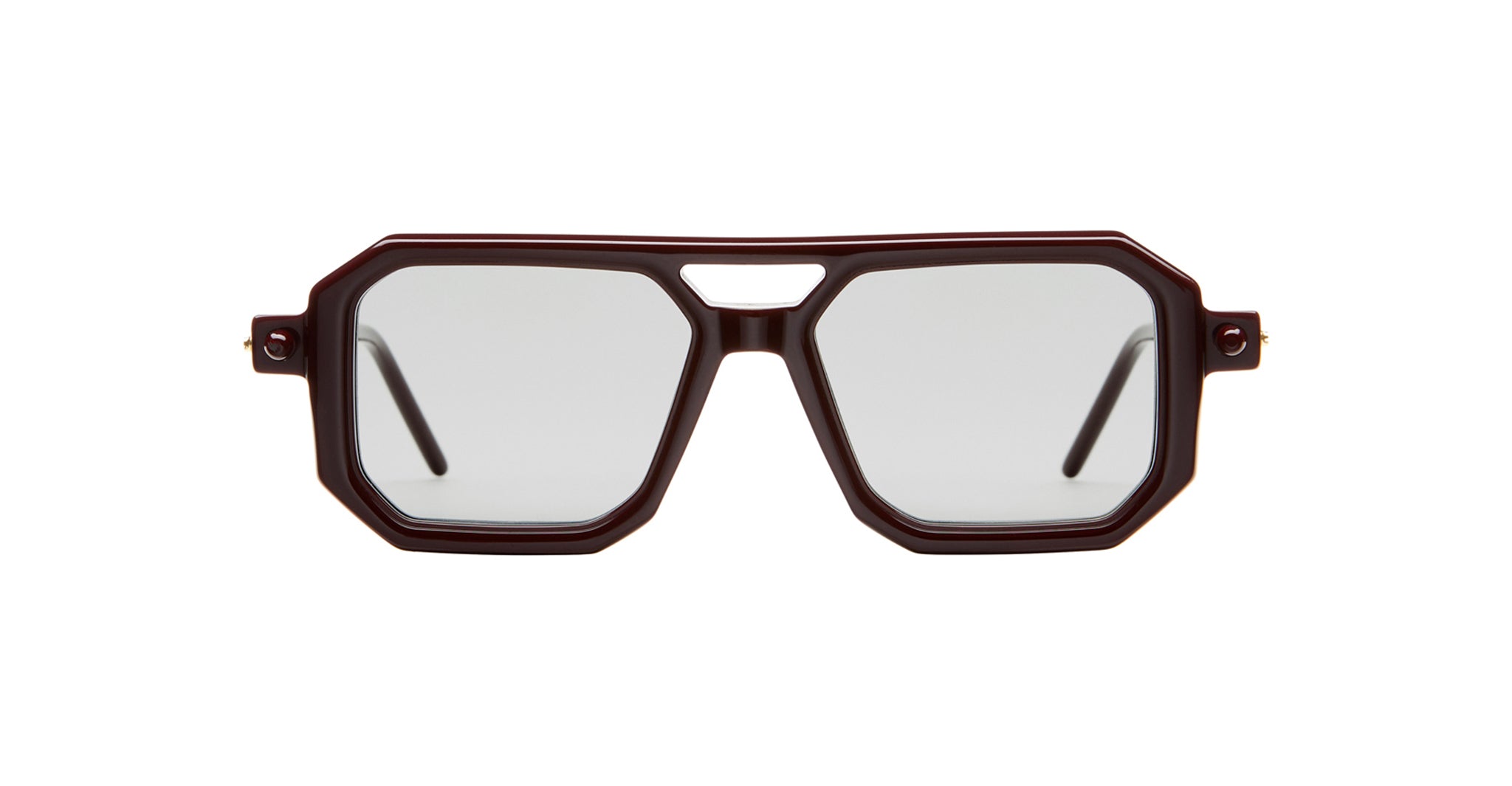 Front view of KUBORAUM P8 sunglasses, featuring a geometric dark red frame and gray tinted lenses.