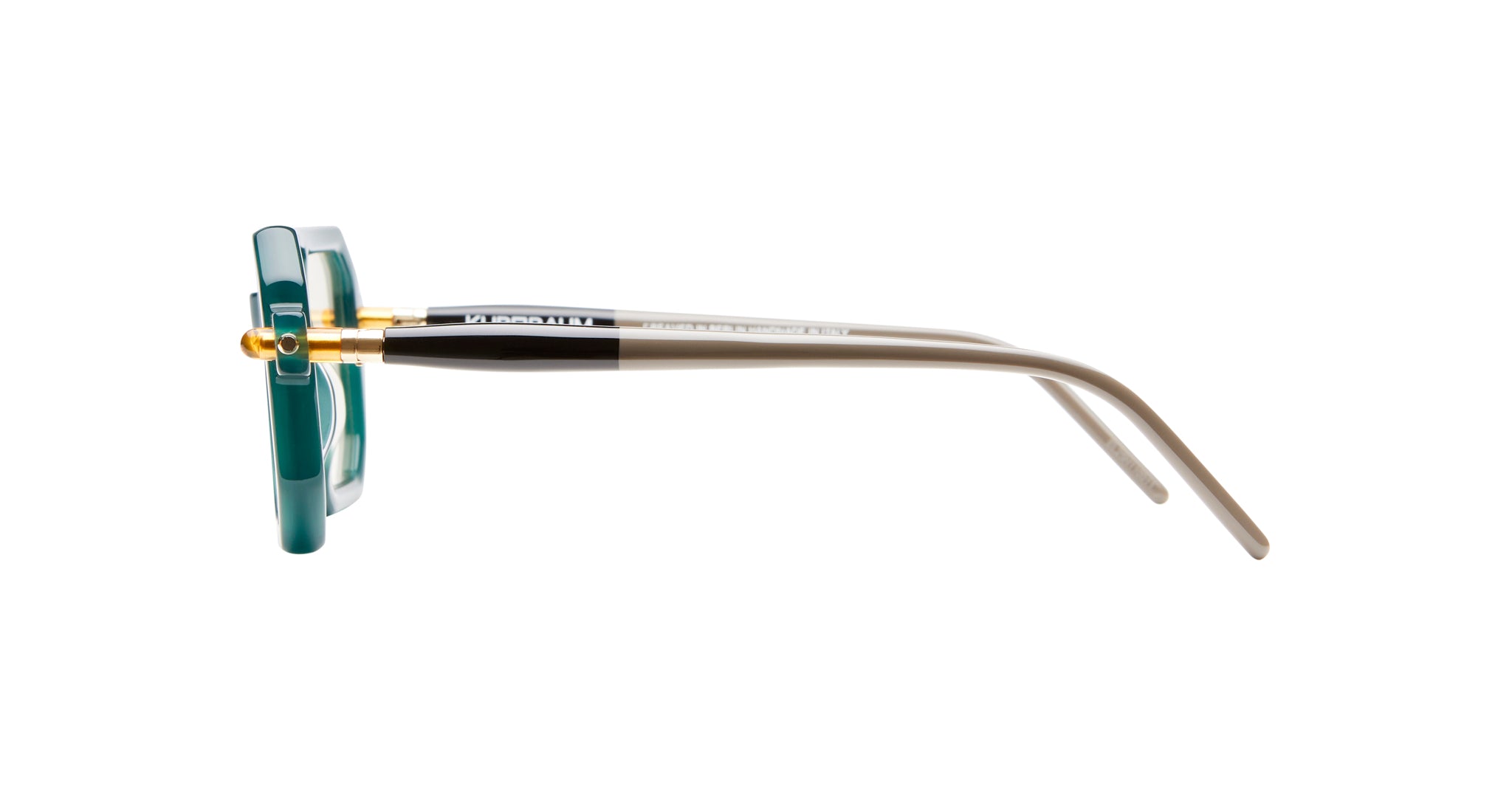 Side view of KUBORAUM P8 eyeglasses with green frames, gold hinges, and beige temples. Brand: KUBORAUM. Model: P8.
