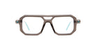 Kuboraum P8 eyeglasses by KUBORAUM, shown from the front, feature brown rectangular thick frames and light blue temple tips.