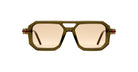 KUBORAUM Kuboraum P8 sunglasses, olive green rectangular frame with brown lenses and red hinge accents, front view.