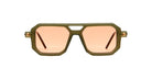 KUBORAUM P8 sunglasses, olive green geometric frame with pink tinted lenses, shown from the front.