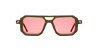 Kuboraum P8 sunglasses by KUBORAUM, olive green geometric frame with pink lenses, shown from the front.