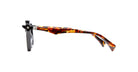 Side view of Kuboraum Q3 eyeglasses featuring tortoiseshell-patterned arms and a black frame front, isolated on a white background.