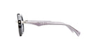 A side view of the Kuboraum Q4 eyeglasses featuring black frames and thick, light purple arms against a plain white background.