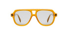 Front view of the Kuboraum Q4 sunglasses, featuring a bold yellow frame, reflective lenses, and a prominent bridge with slightly angular corners for a modern, sporty style.