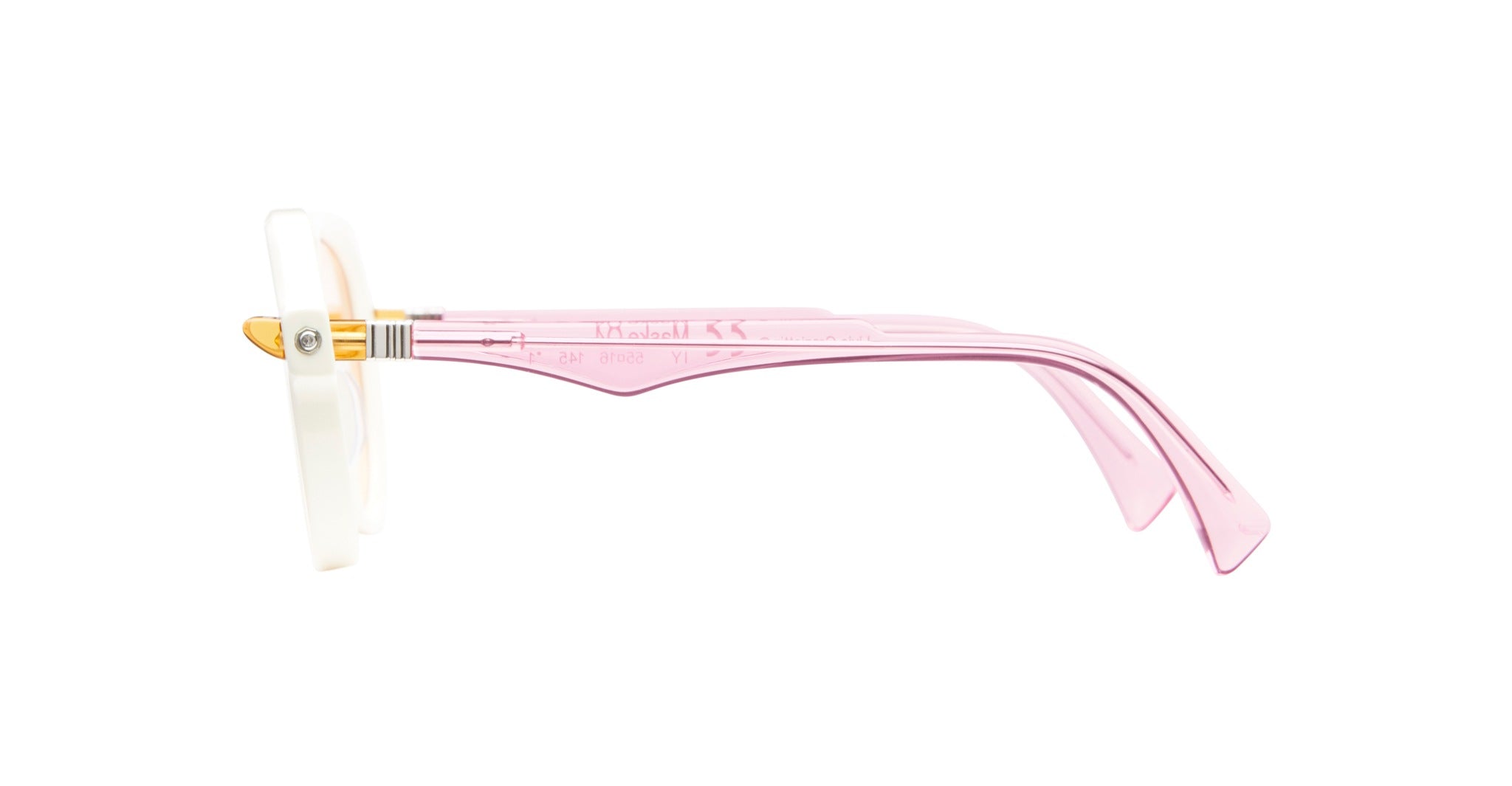 A side view of three pairs of Kuboraum Q4 eyeglasses with translucent pink arms and white frames, stacked horizontally against a white background.