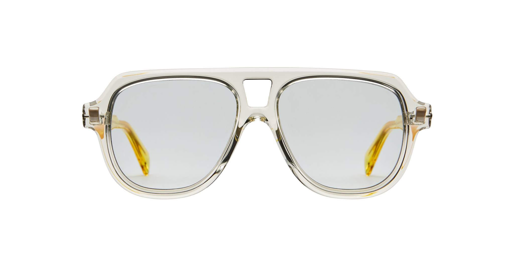 Kuboraum Q4 aviator sunglasses featuring clear frames, light gray lenses, and yellow temples, shown on a white background.