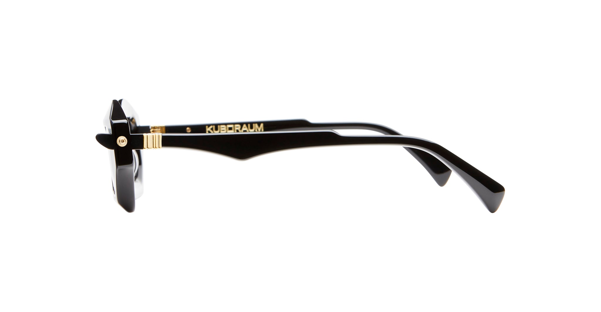 Side view of Kuboraum Q6 eyeglasses, featuring black rectangular frames, gold accents, and KUBORAUM branding on the temple.