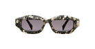 Kuboraum Q6 rectangular sunglasses feature thick, textured black and white marbled frames with dark tinted lenses, displayed against a white background.