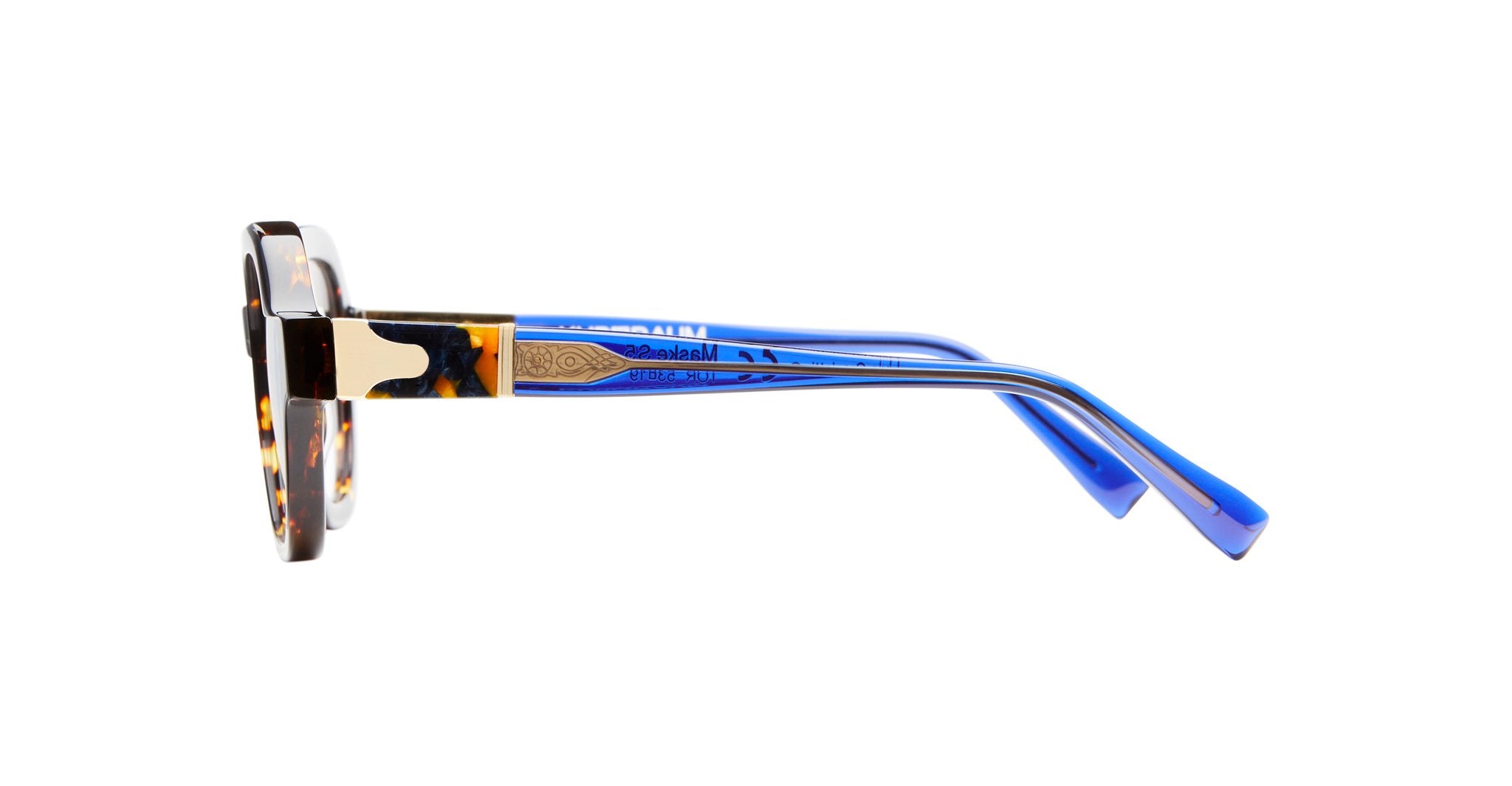 Side view of Kuboraum S5 eyeglasses featuring tortoiseshell-patterned round frames, thick blue arms, and a metallic detail near the hinges, displayed against a plain white background.