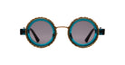Kuboraum Z3 sunglasses by KUBORAUM with round teal frames, gold trim, and dark polarized lenses, shown from the front.