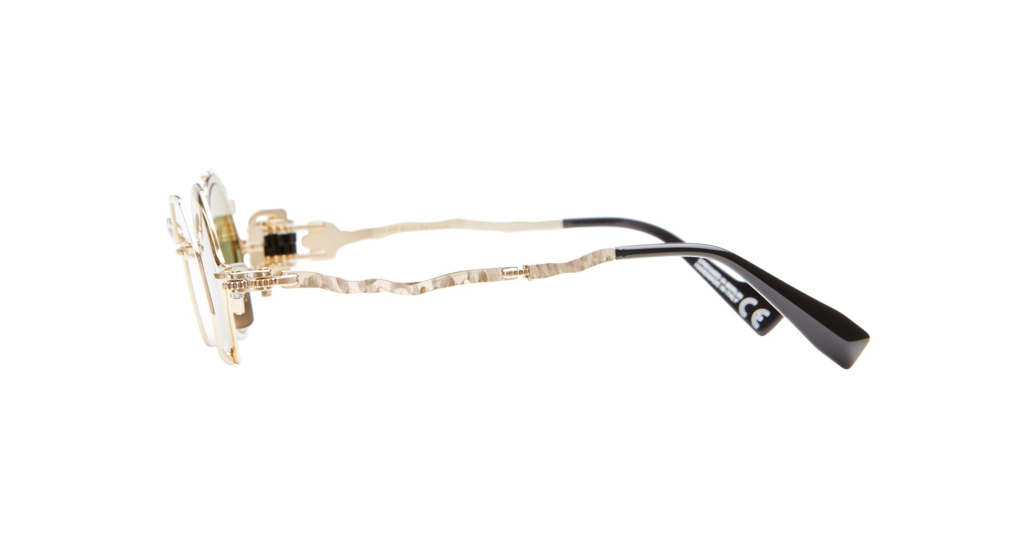 Side view of KUBORAUM Z50 gold eyeglasses with textured arms and black tips.