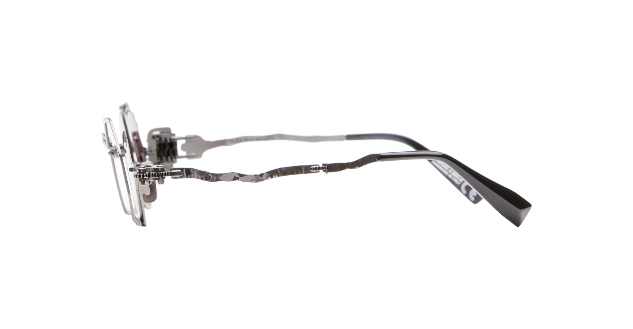 Side view of KUBORAUM Z50 metallic eyeglasses featuring wavy temples, black temple tips, and adjustable nose pads.