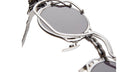 Close-up of KUBORAUM Z50 silver sunglasses with round dark lenses and detailed mechanical accents, front view.