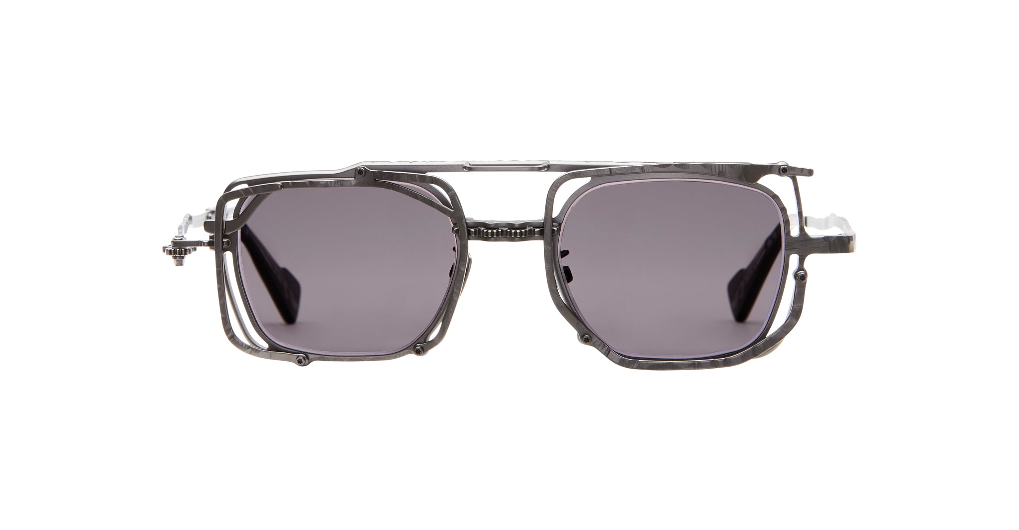 Kuboraum Z51 sunglasses by KUBORAUM, square shape with dark lenses and thick industrial metal frames, front view.