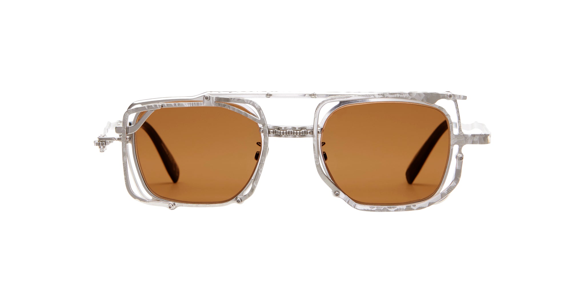 Kuboraum Z51 sunglasses by KUBORAUM with silver frames, rectangular brown lenses, and a geometric design, front view.