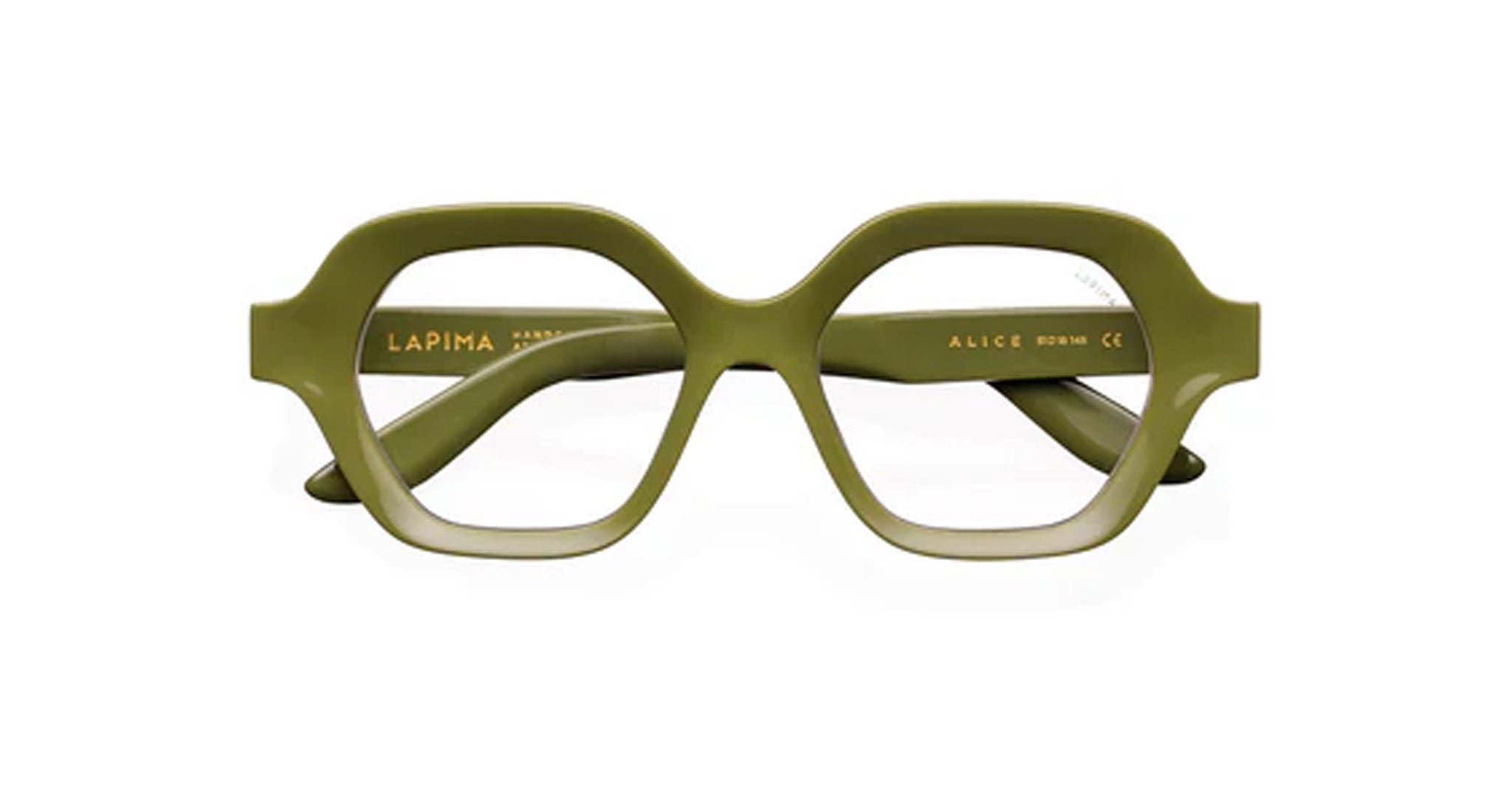Olive green, geometric eyeglass frames are shown from the front. The brand name LAPIMA and model information are printed in gold on the inside of the left temple.