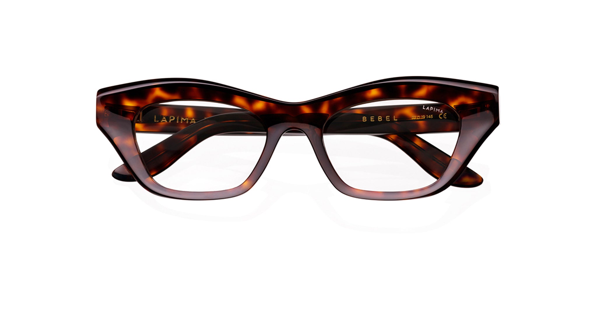 The Lapima Bebel eyeglasses feature a bold, cat-eye tortoiseshell frame, shown front-facing on a white background. The inner side of one arm displays the Lapima brand name.