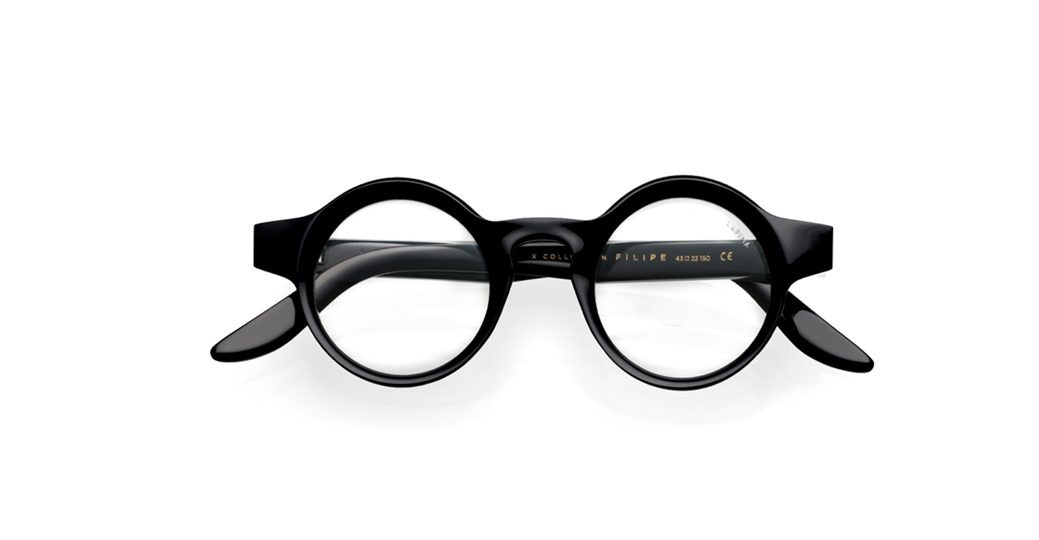 The Lapima Filipe round black eyeglasses with clear lenses are displayed facing forward on a white background.