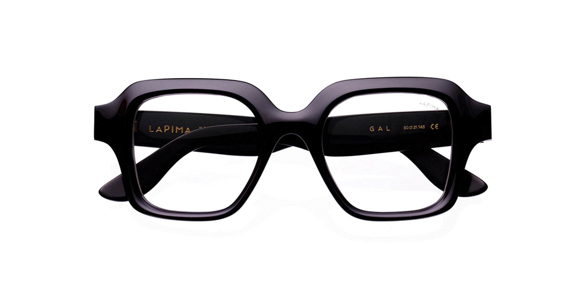 A pair of black, thick-rimmed rectangular Lapima Gal eyeglasses with gold model details on the inside of the left temple arm, displayed against a white background.