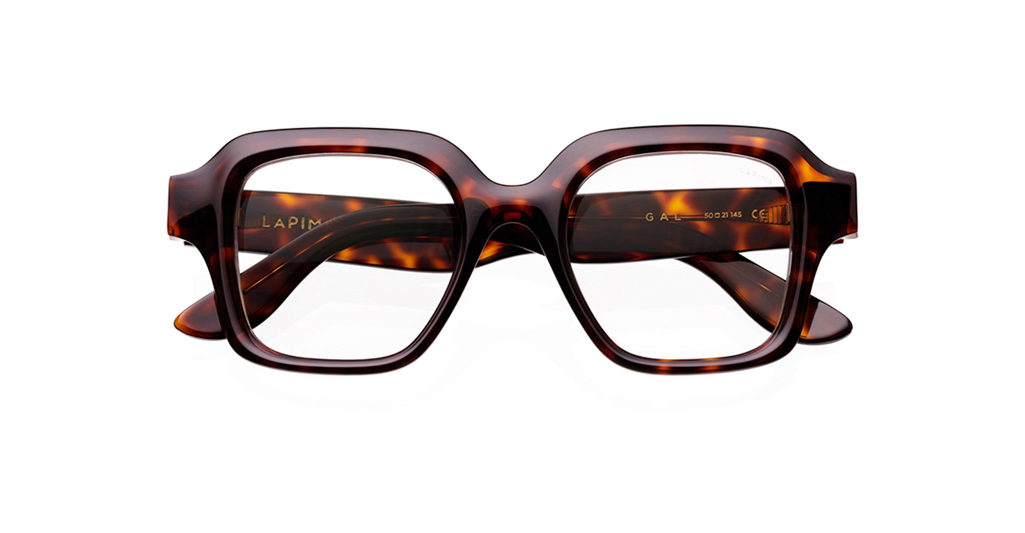 The Lapima Gal is a pair of rectangular, thick-framed eyeglasses with a brown tortoiseshell pattern, displayed from the front on a white background.