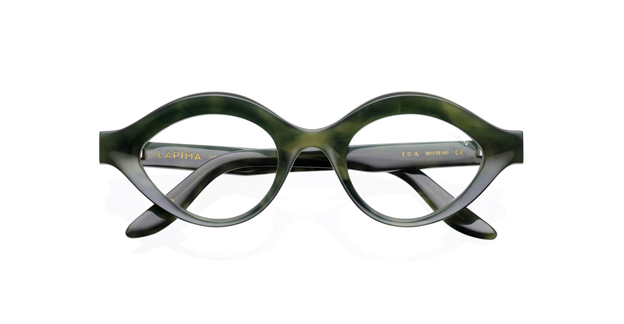Lapima Isa eyeglasses, round shape, green marbled thick frames with gold Lapima logo on the inner temple, front view.