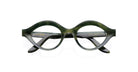 Front view of Lapima Isa round, dark green acetate eyeglasses with thick frames and gold “LA PIMA” text on the left arm. Brand: COMING SOON.