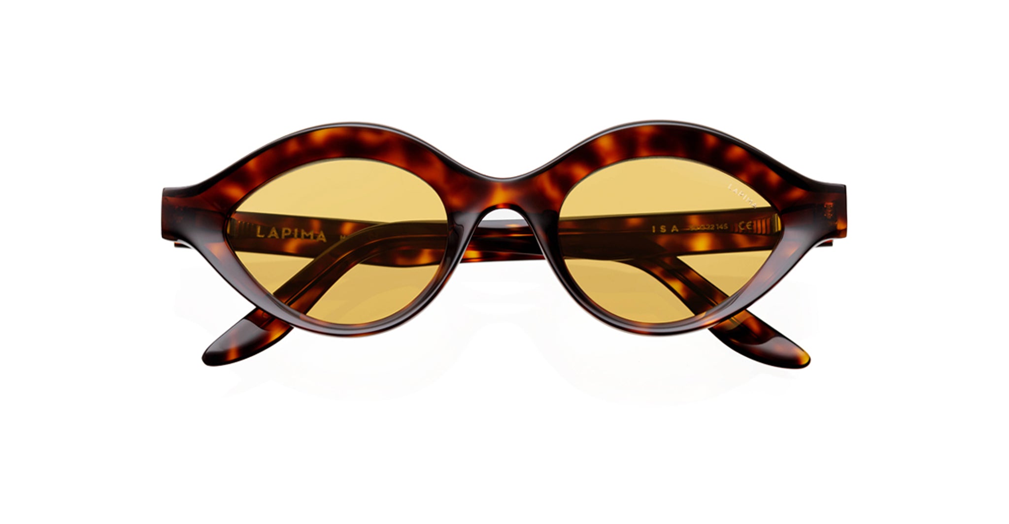 A pair of tortoiseshell sunglasses with round, yellow-tinted lenses, viewed from the front against a white background. The brand name Lapima is visible on the inside of the left arm.