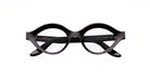 Lapima Isa black round eyeglass frames shown from the front on a white background with gold branding on the inner left arm.