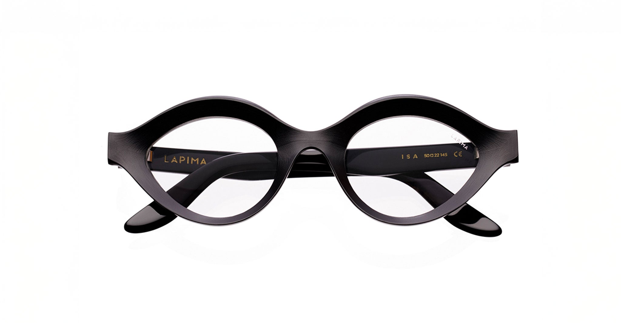 Lapima Isa black round eyeglass frames shown from the front on a white background with gold branding on the inner left arm.