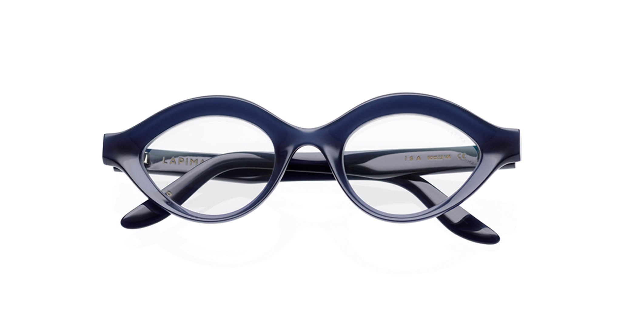 The Lapima Isa eyeglasses by COMING SOON feature thick, round, dark blue frames with clear lenses, displayed front-facing on a white background.