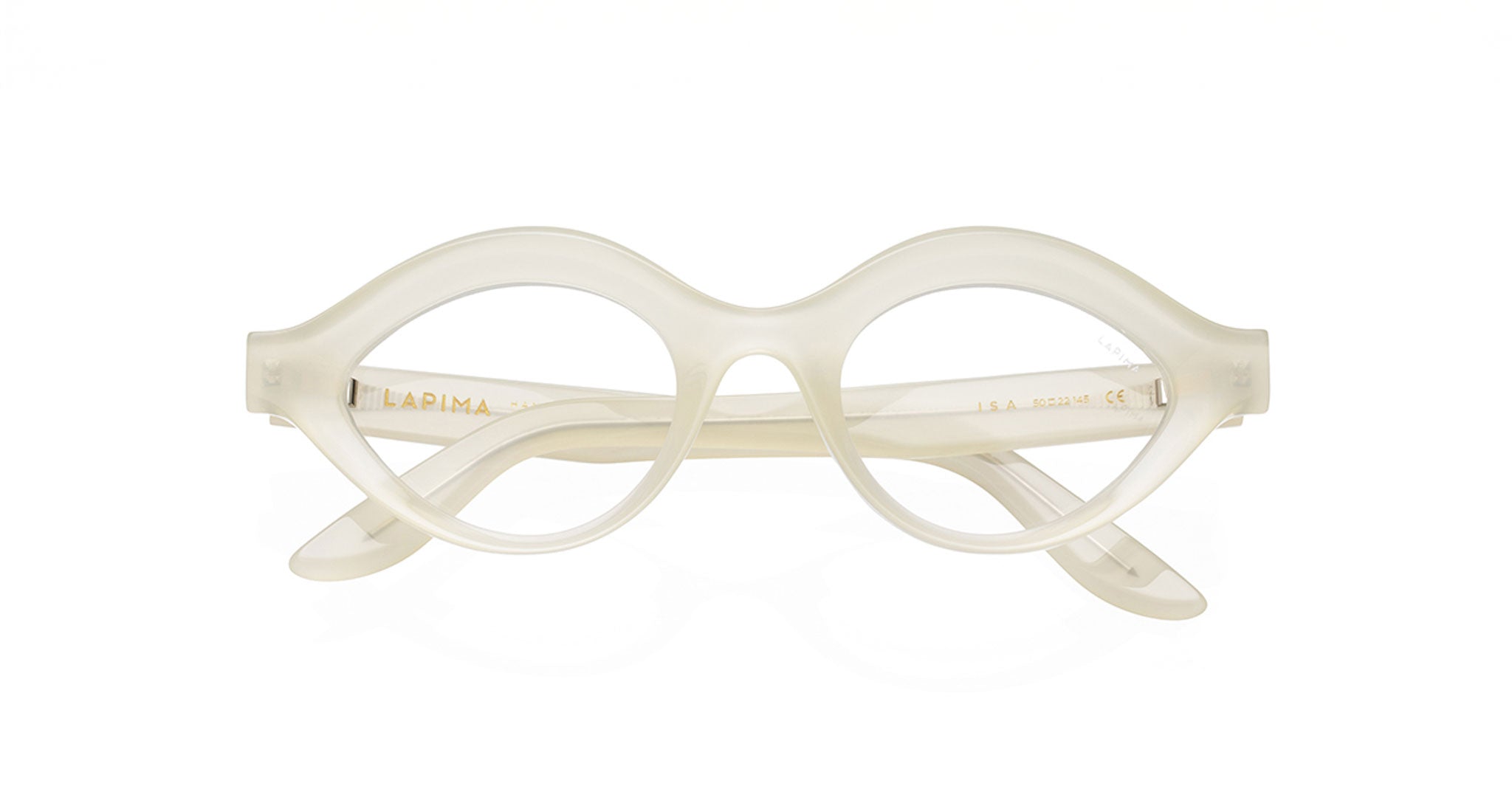 The Lapima Isa features translucent ivory eyeglasses with thick, rounded frames and oval lenses, showcased front-facing against a white background.