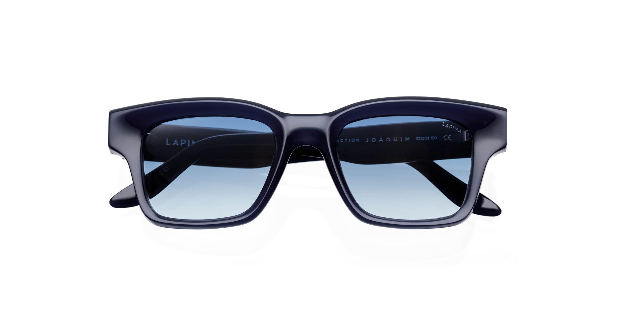 Front view of Lapima Joaquim rectangular dark blue polarized sunglasses with blue gradient lenses.