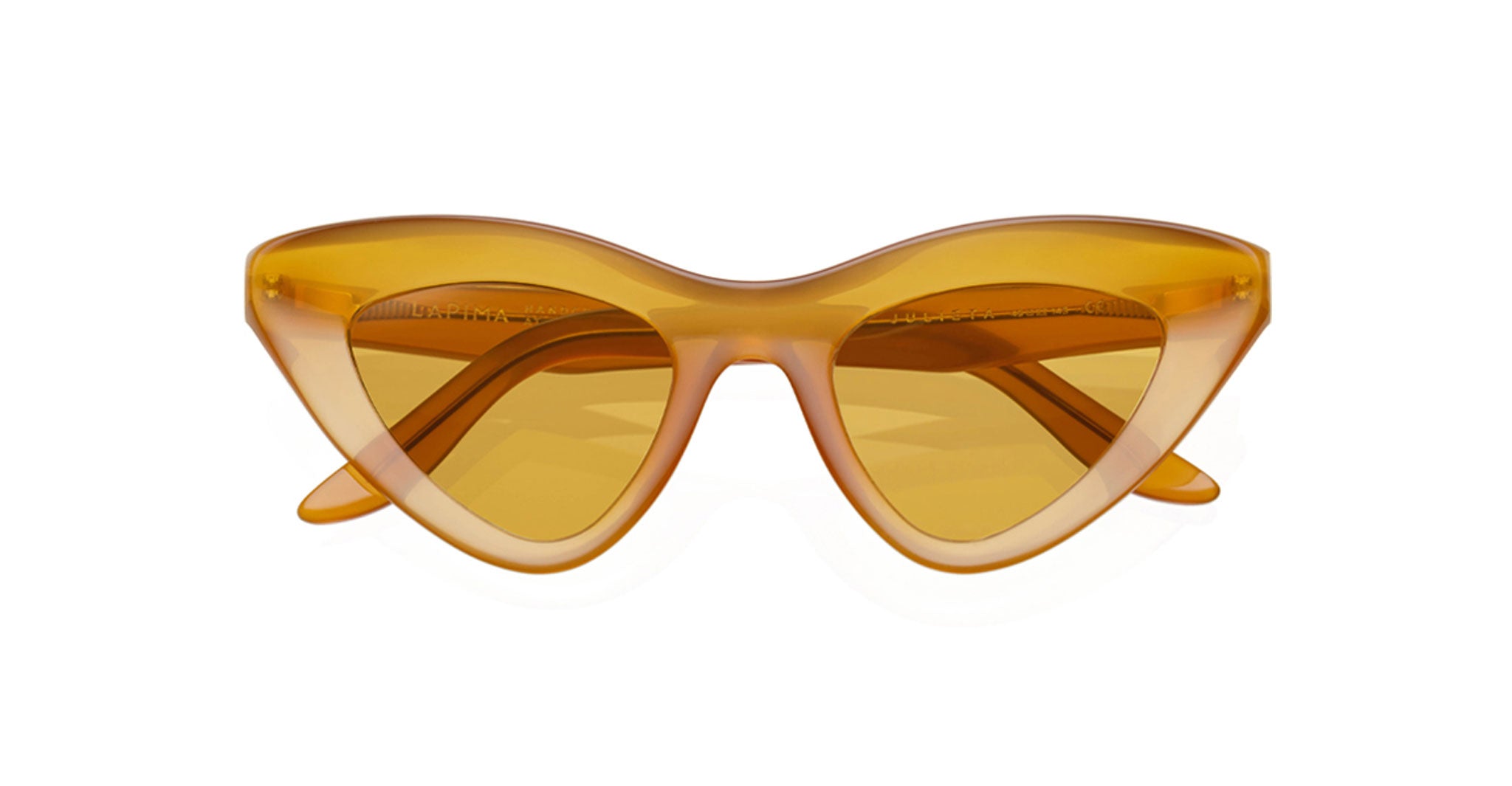 Lapima Julieta sunglasses: yellow translucent cat-eye frames with tinted lenses, front view, retro design.