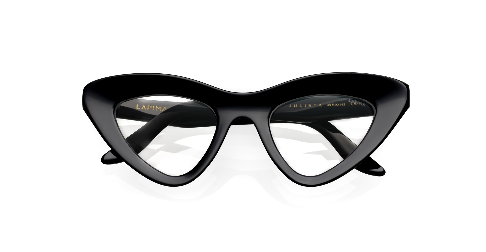 Lapima Julieta black thick-rimmed cat-eye eyeglasses with clear lenses, front view. Brand: Lapima. Model: Julieta.