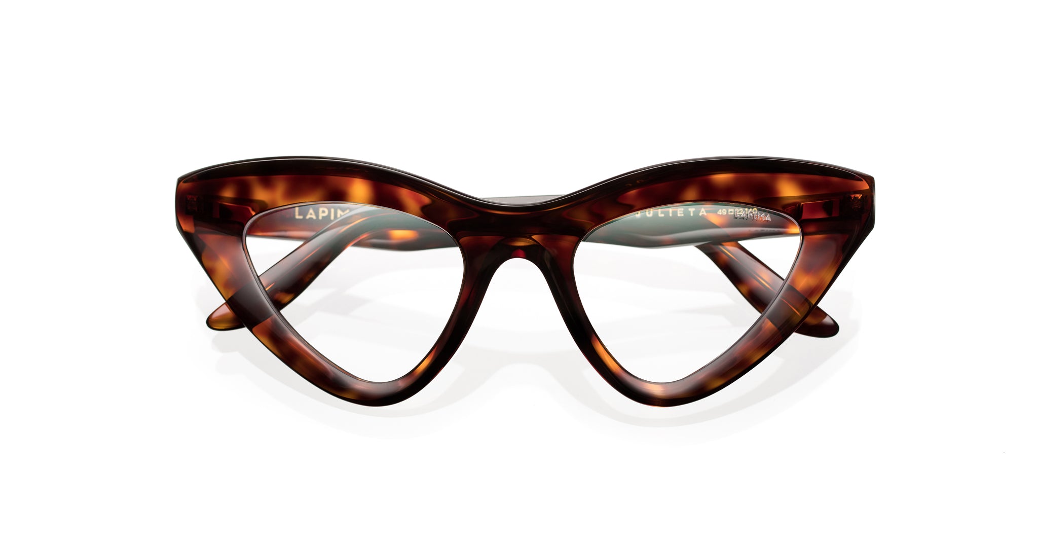 Lapima Julieta cat-eye eyeglasses in tortoiseshell with clear lenses, front view.