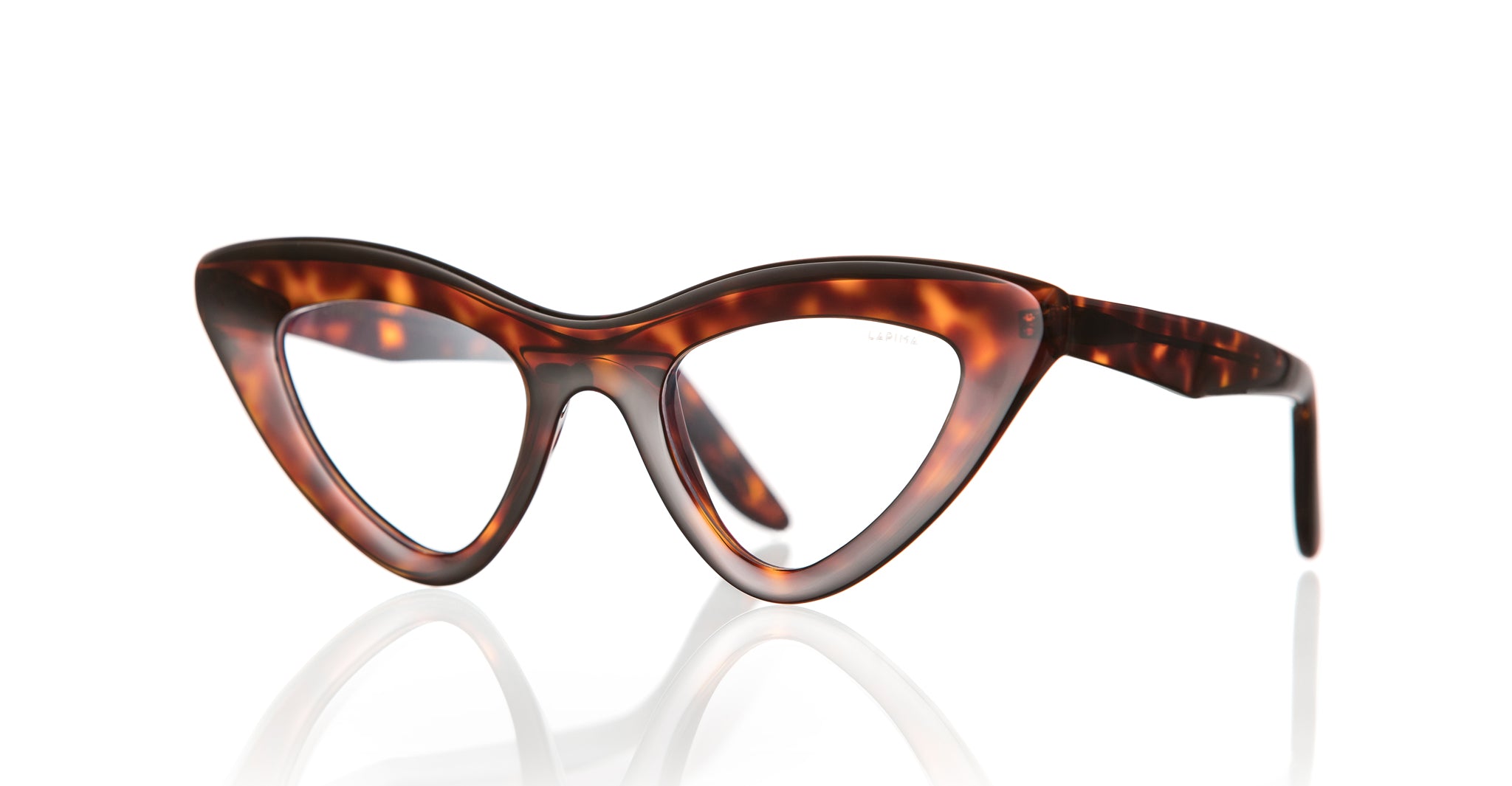Lapima Julieta cat-eye eyeglasses with thick brown tortoiseshell frames, top view.