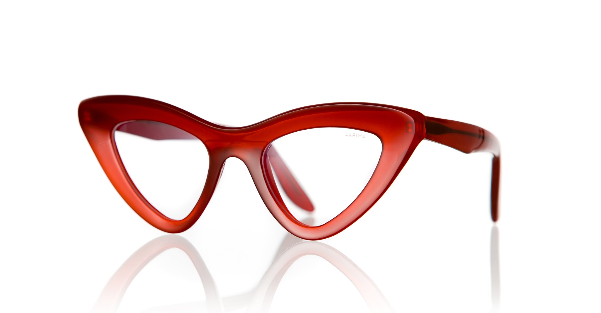 Lapima Julieta cat-eye eyeglasses feature thick, glossy red frames. Eyewear shown from the front angle.